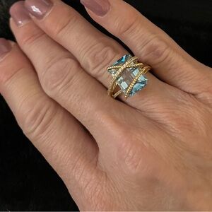 JTV Blue and Gold Geometric Ring with Turquoise Stone